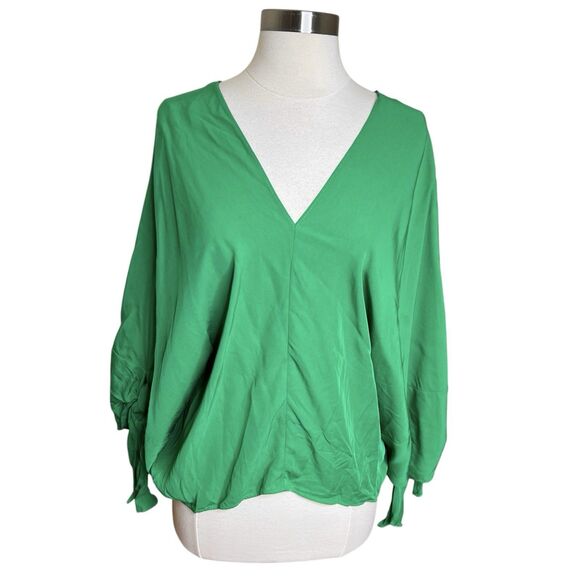 Zara Blouse Womens Small Green Fluid Tied Dolman Sleeves Oversized V Neck - Picture 1 of 8